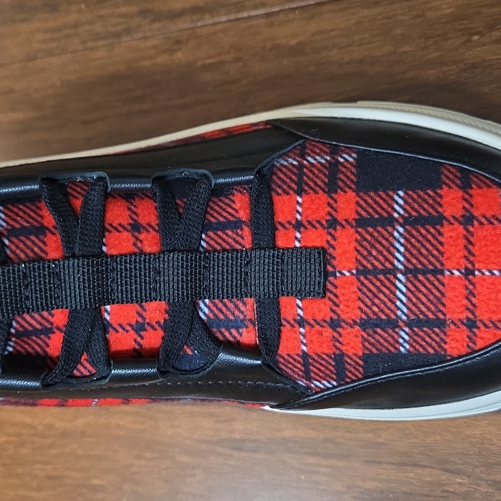 LINEA PAOLO ROWEN SLIP ON PLATFORM SNEAKERS RED BLACK WHITE PLAID NEW IN BOX 7 - Picture 8 of 12